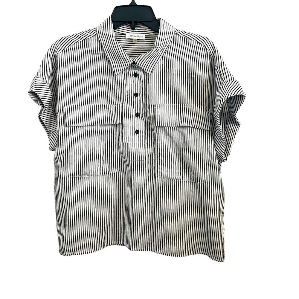 Calvin Klein Black and White Striped Ladies Shirt-Size Large